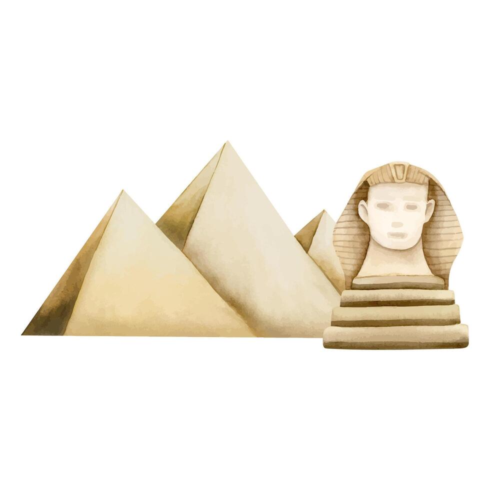 Egyptian Giza pyramids with statue of Sphinx watercolor illustration for Egypt tourism and travel designs vector