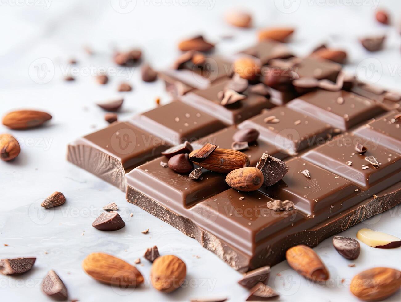 Chocolate bar with cacao beans and almonds scattered around it photo