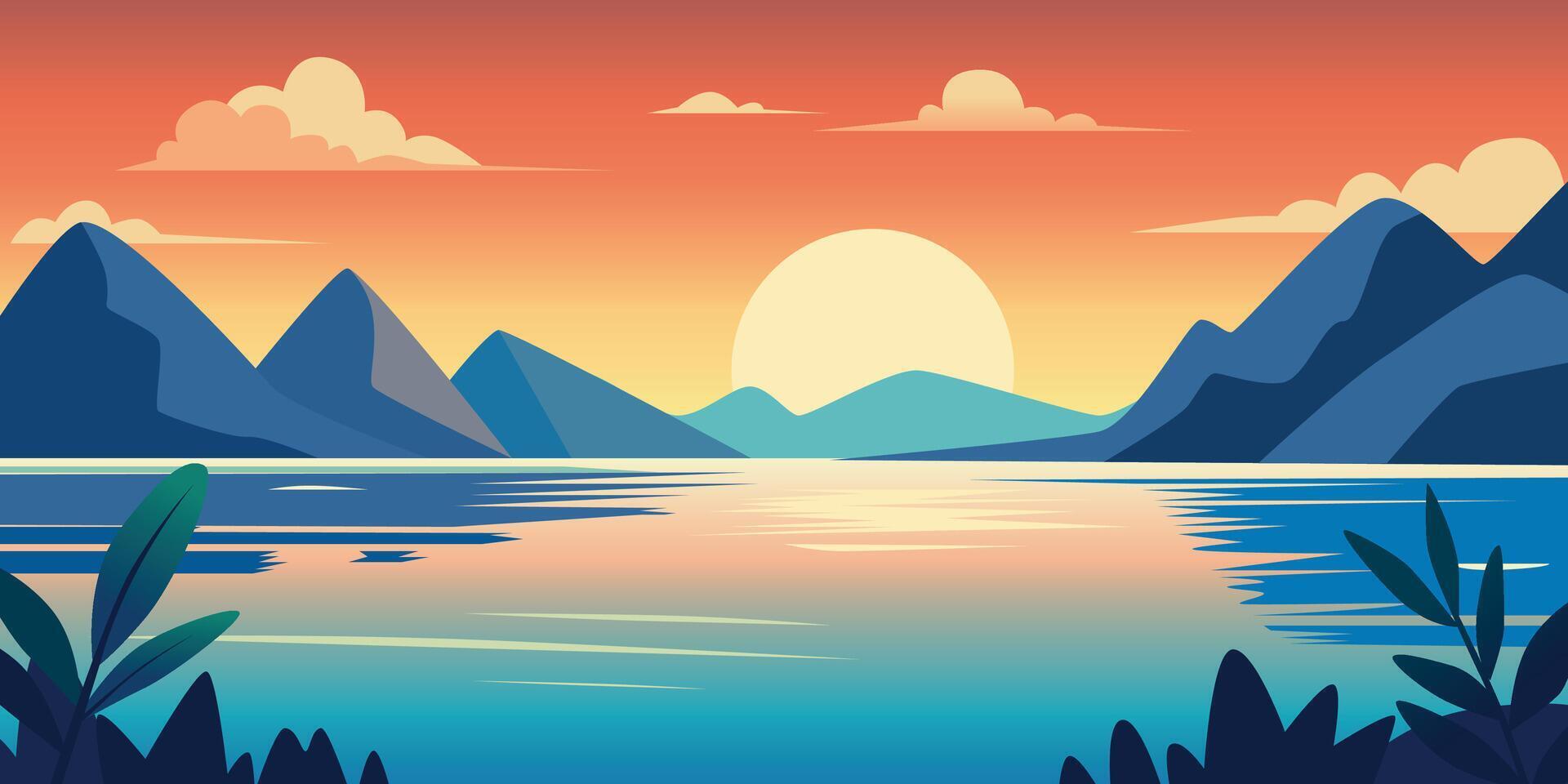 ilustración de un puesta de sol en un lago Entre el montañas, antecedentes para caricaturas, s, juegos y otro diseños vector