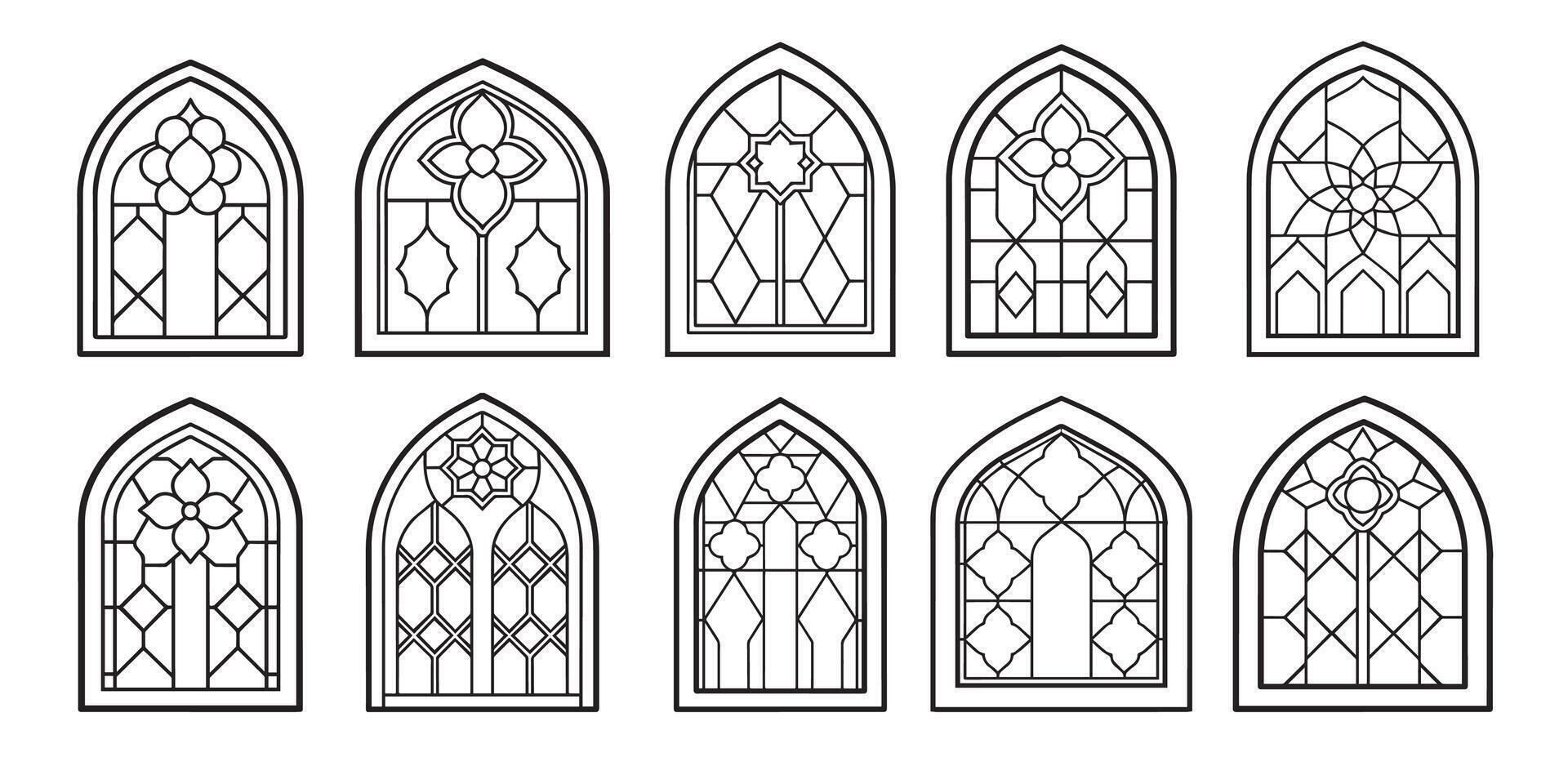 set of cartoon stained glass windows for the design of children's books, coloring books vector