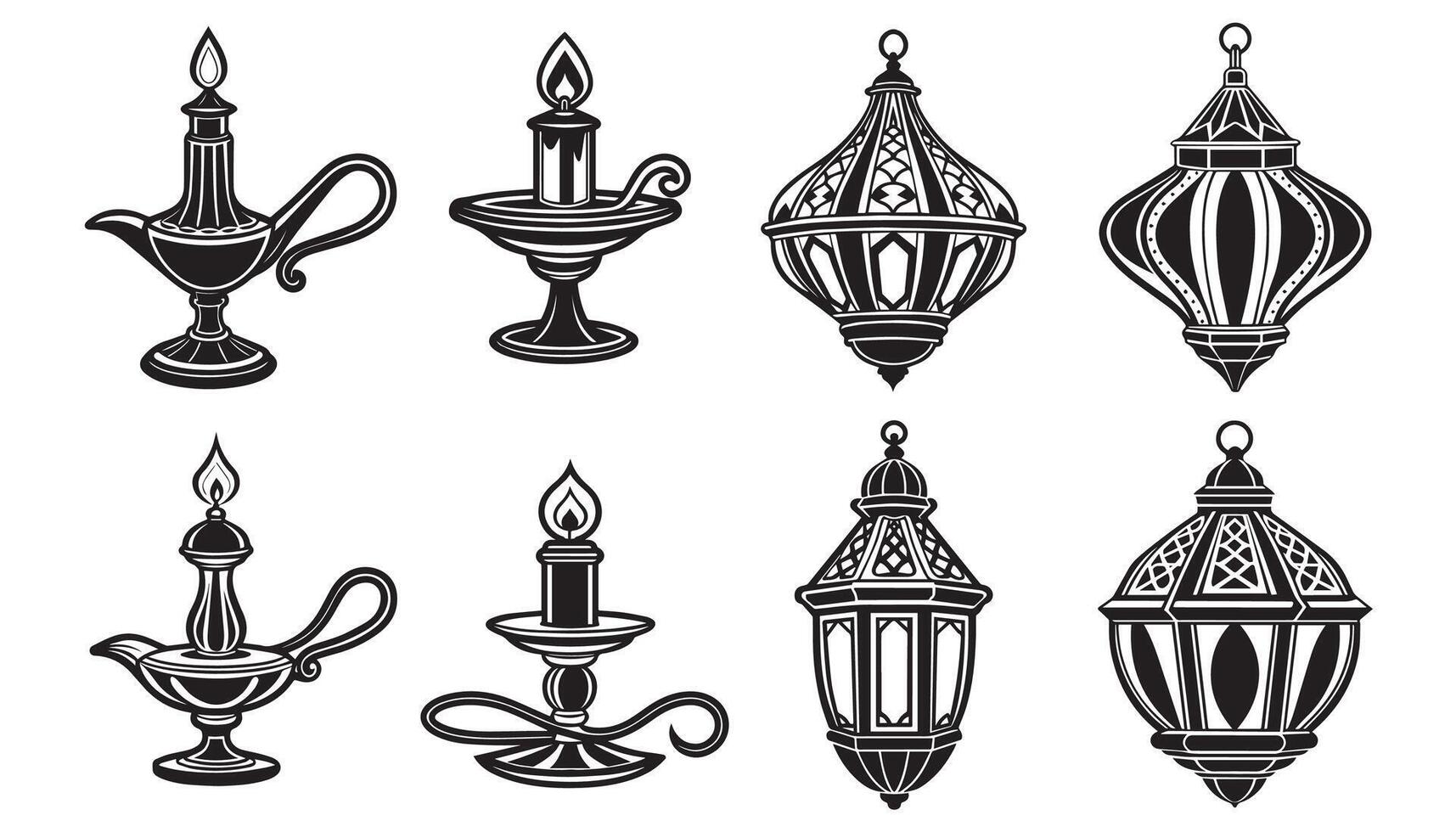 collection of Arabic lanterns, candlesticks and lamps for design in oriental style. vector