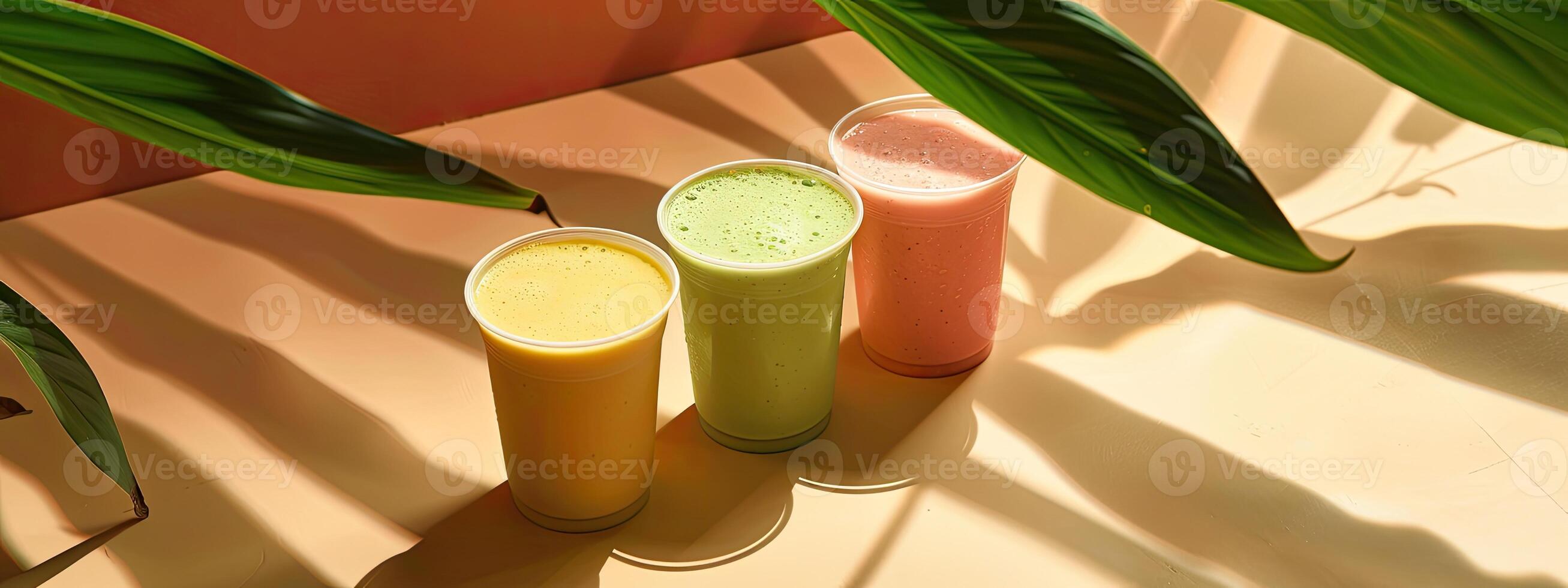 Some cups of smoothies, minimalist background, shadow leafs photo