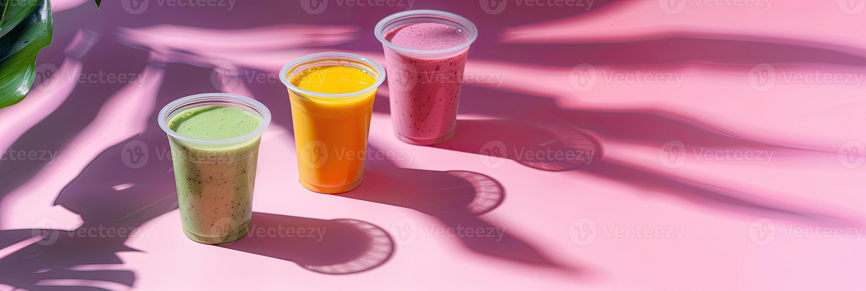 Some cups of smoothies, minimalist background, shadow leafs photo