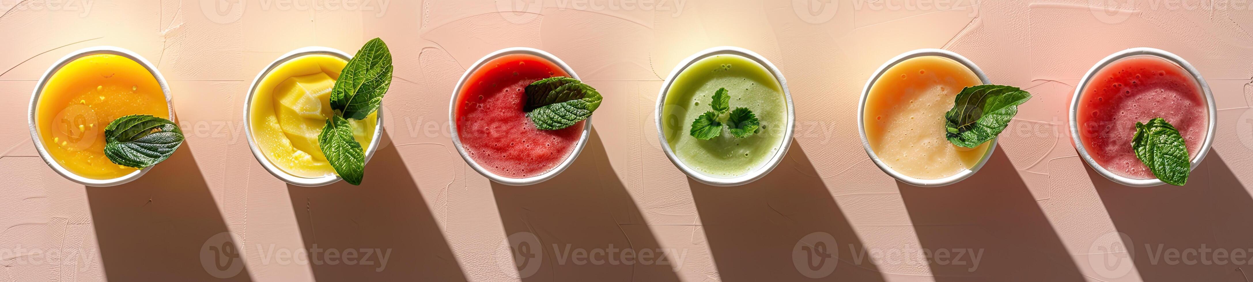 Some cups of smoothies, minimalist background, shadow leafs photo