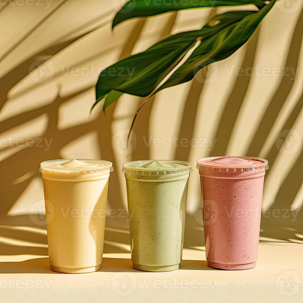 Some cups of smoothies, minimalist background, shadow leafs photo