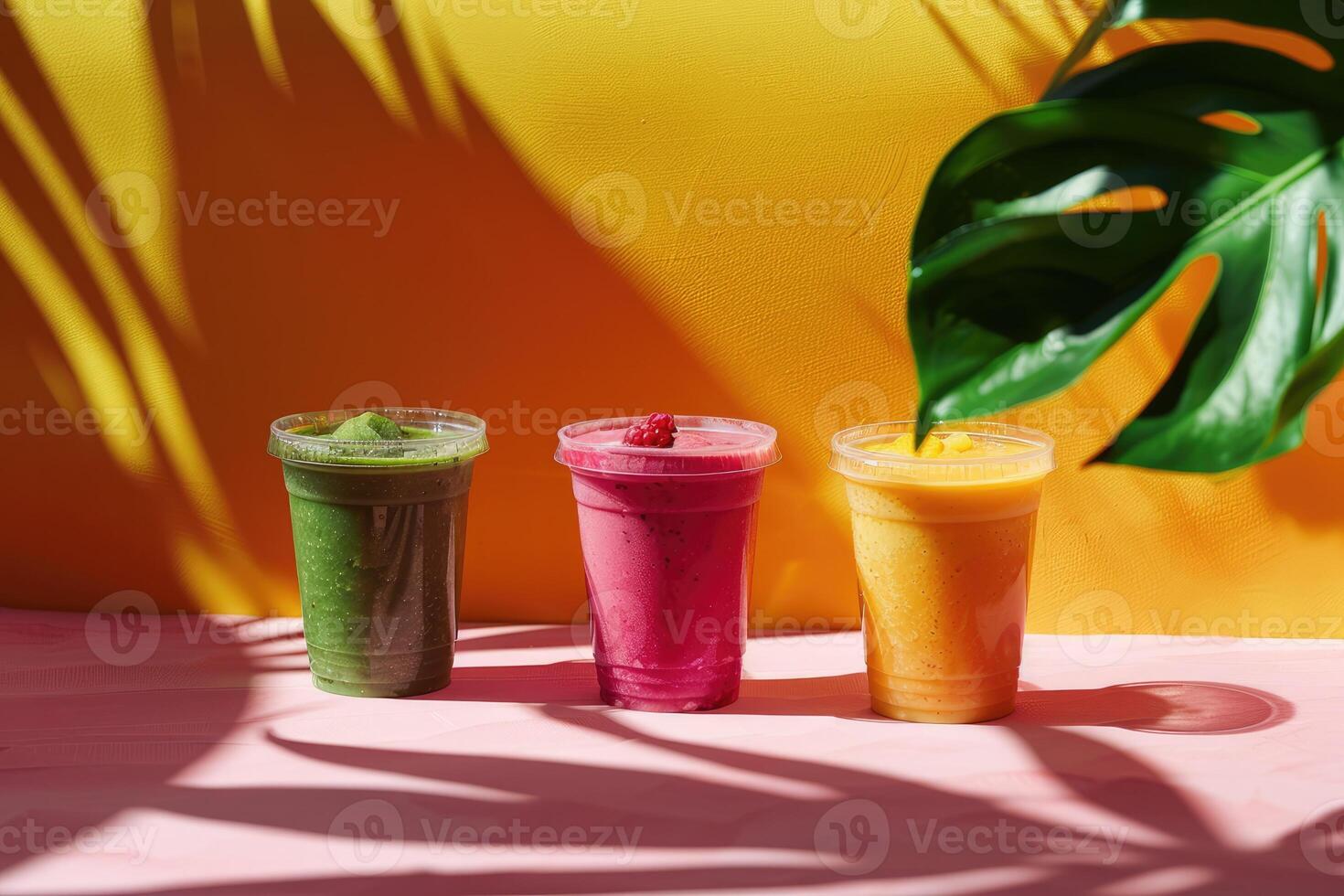 Some cups of smoothies, minimalist background, shadow leafs photo