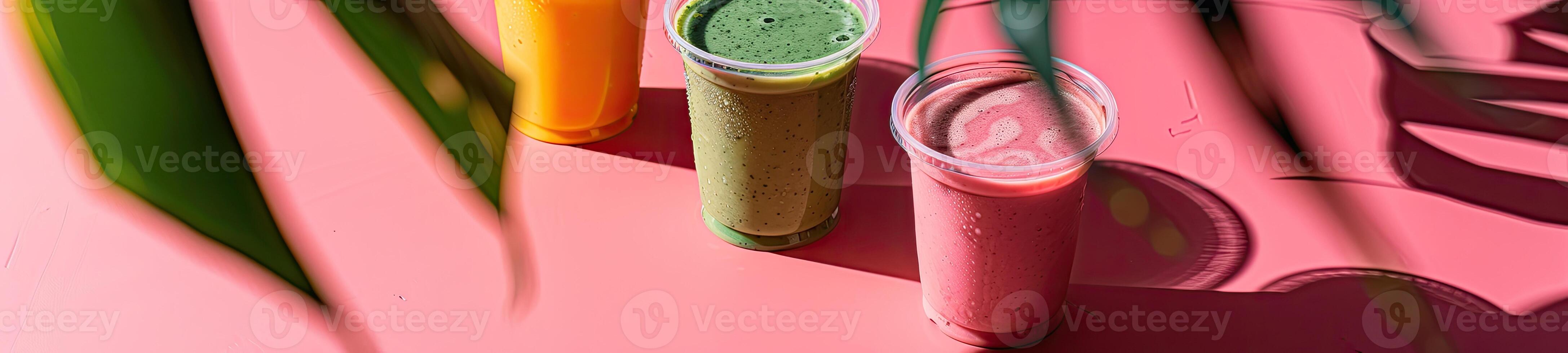 Some cups of smoothies, minimalist background, shadow leafs photo