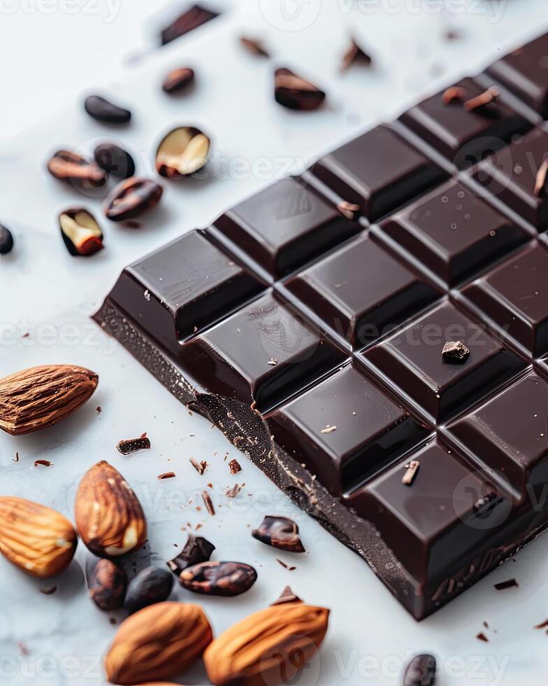 Chocolate bar with cacao beans and almonds scattered around it photo