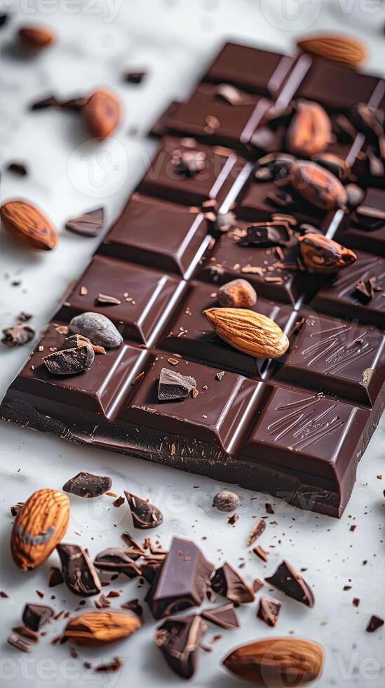 Chocolate bar with cacao beans and almonds scattered around it photo