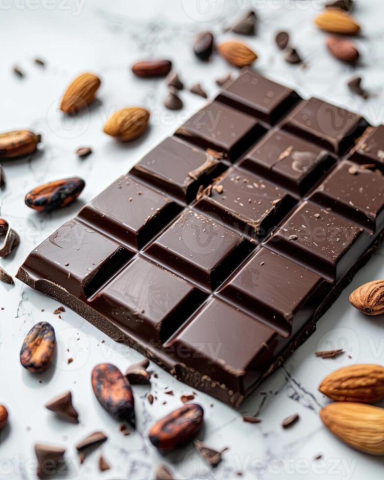 Chocolate bar with cacao beans and almonds scattered around it photo