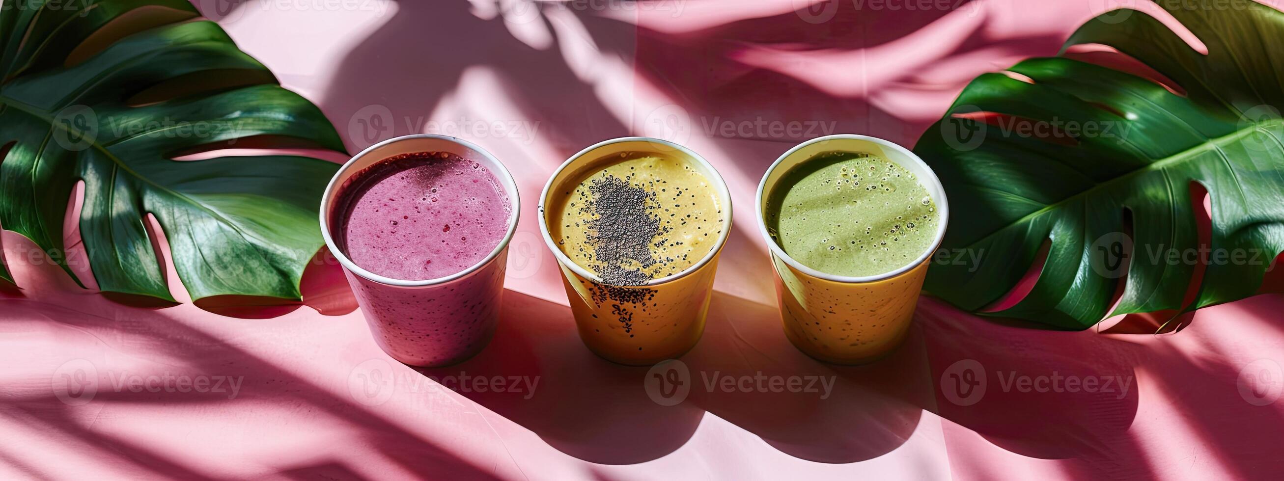 Some cups of smoothies, minimalist background, shadow leafs photo