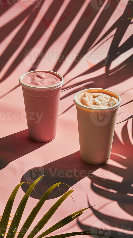 Some cups of smoothies, minimalist background, shadow leafs photo