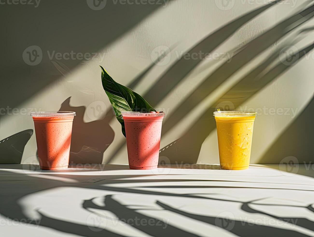 Some cups of smoothies, minimalist background, shadow leafs photo