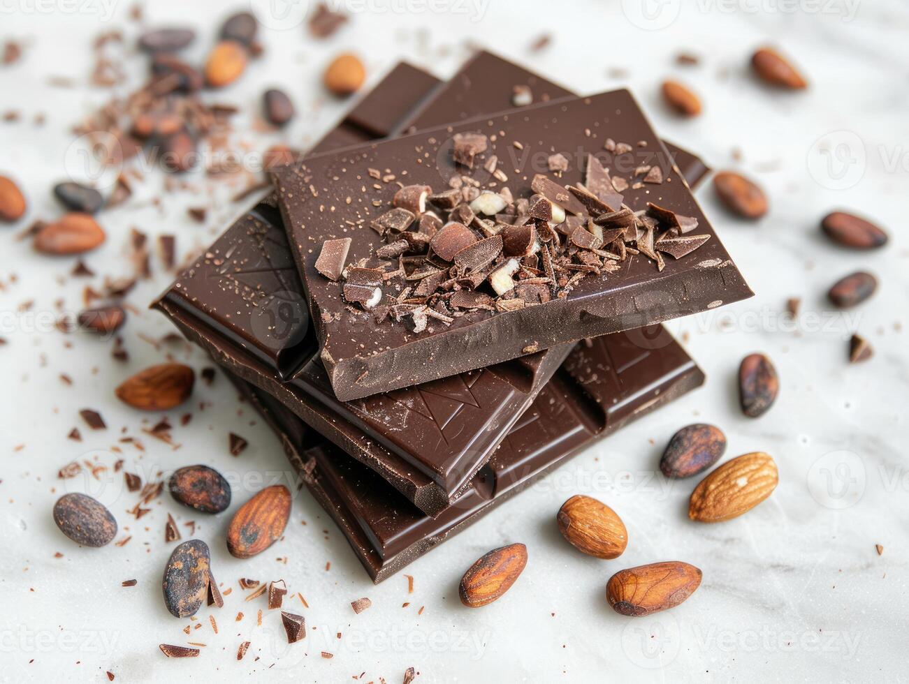 Chocolate bar with cacao beans and almonds scattered around it photo