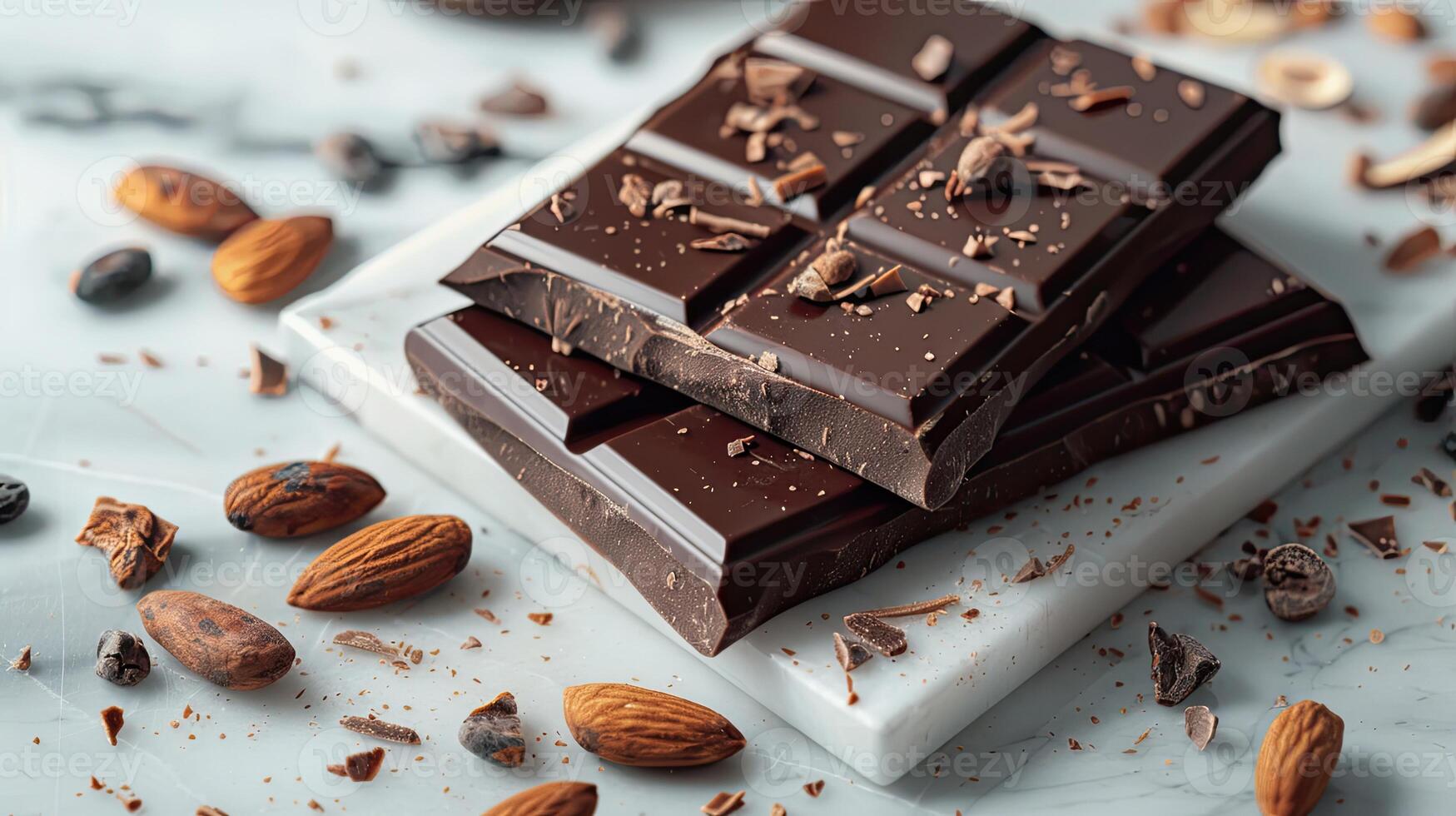 Chocolate bar with cacao beans and almonds scattered around it photo