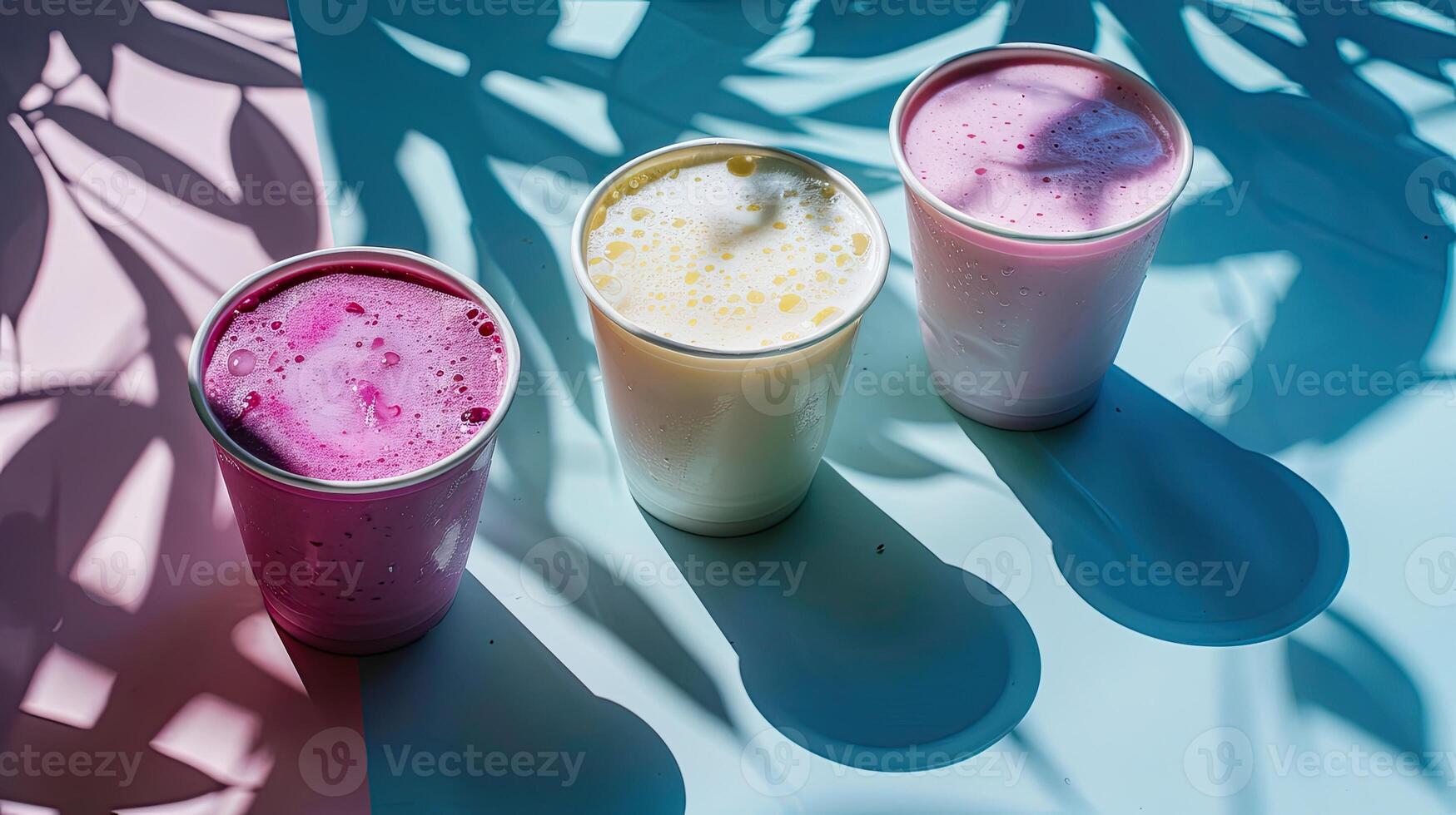 Some cups of smoothies, minimalist background, shadow leafs photo