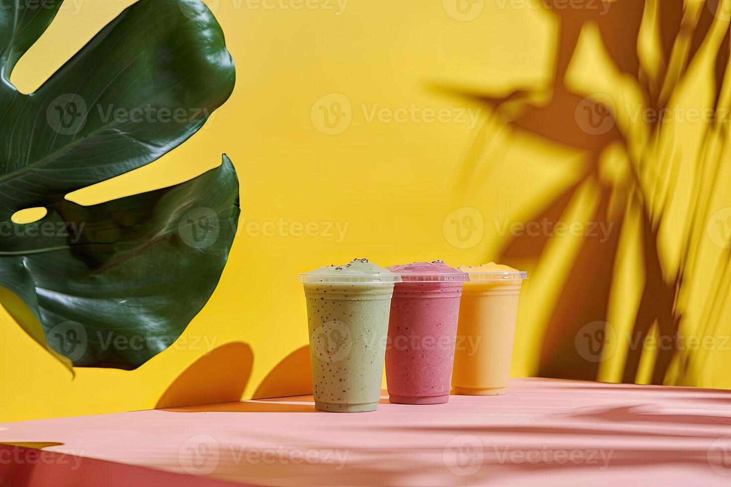 Some cups of smoothies, minimalist background, shadow leafs photo