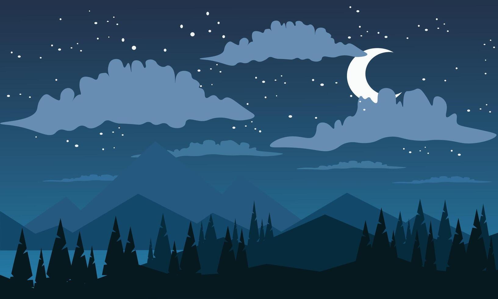 Beautiful calm night in mountain with moon and stars vector