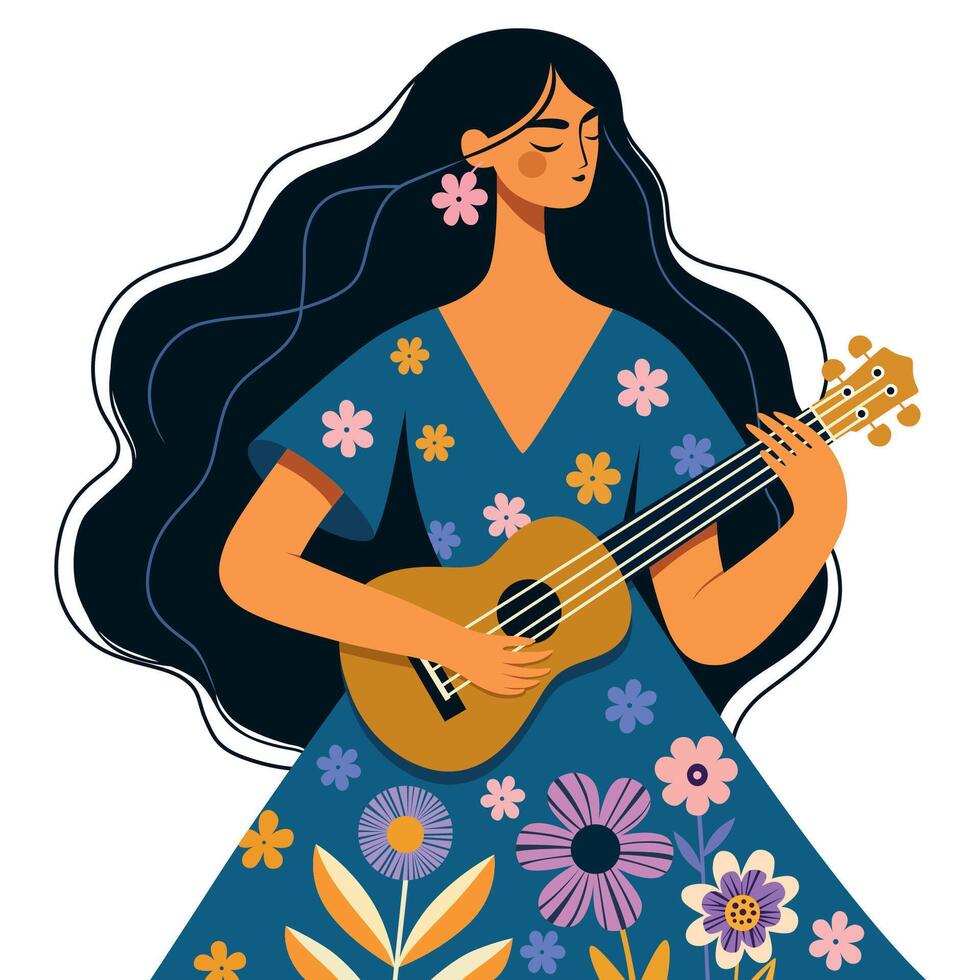 Girl Playing Guitar on White vector