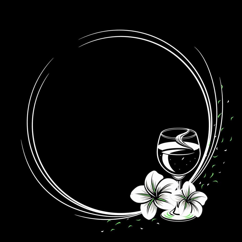 Postcard with glass and flower. Round card design. illustration on a black background. vector