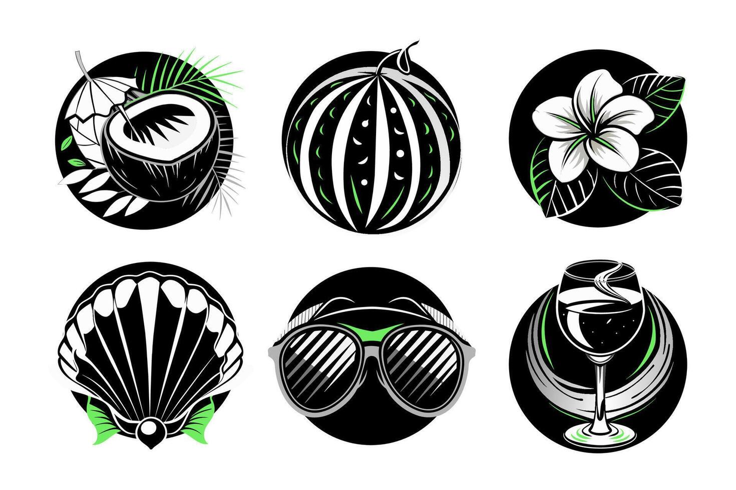 Set of elements on a summer theme. Glasses, cocktail, watermelon, glass, flower, shell. vector