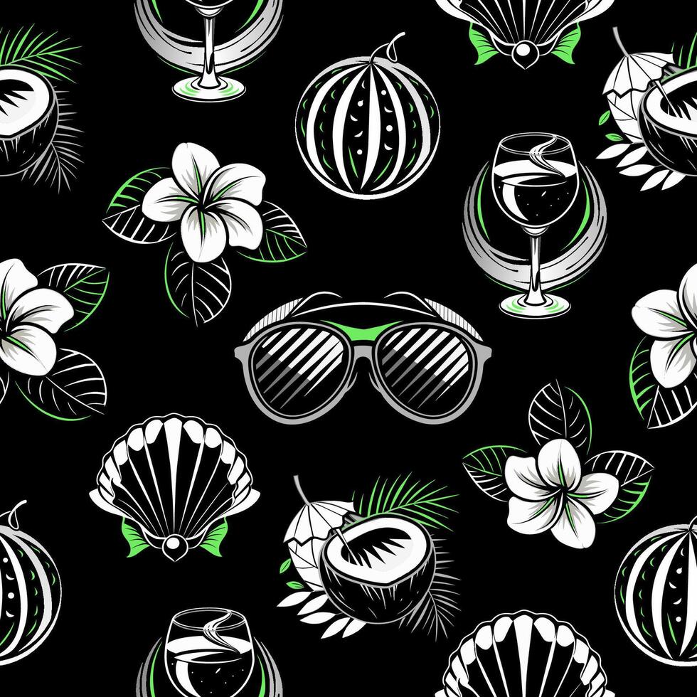 illustration of a seamless pattern with glasses watermelon, wine glass, shell and flowers on a black background. vector