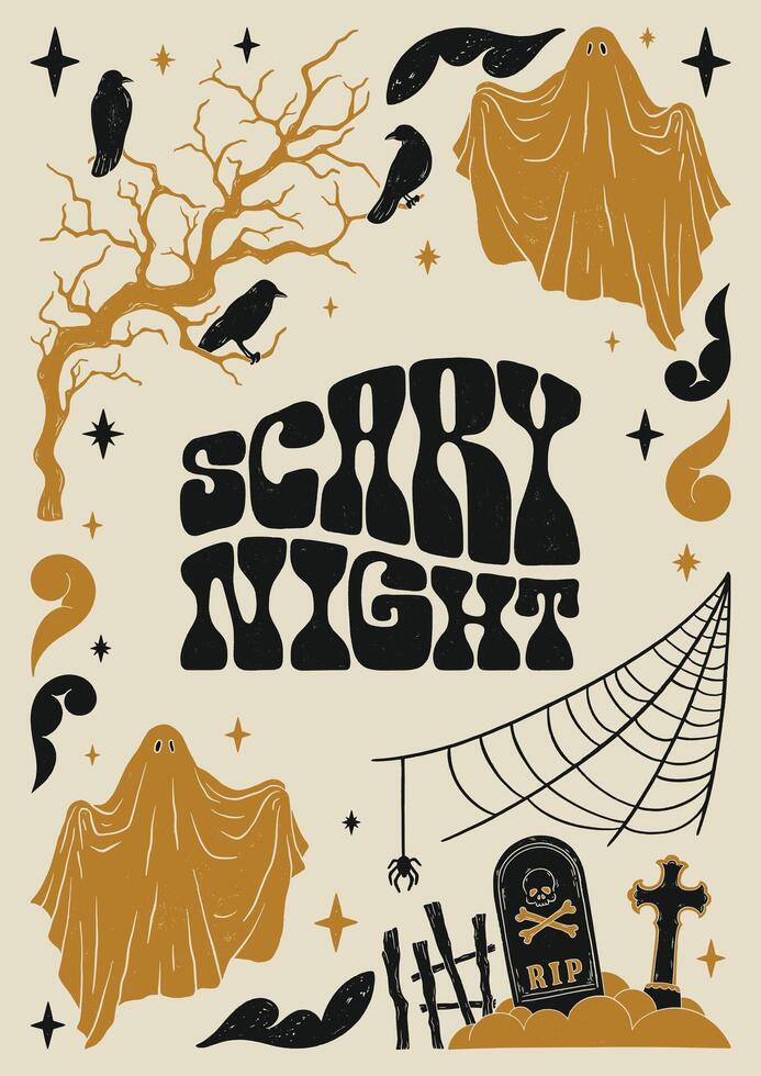 Scary Night- hand drawn retro lettering phrase. Hand drawn vintage poster with decorative spooky elements, ghosts, ravens on tree, graves. vector