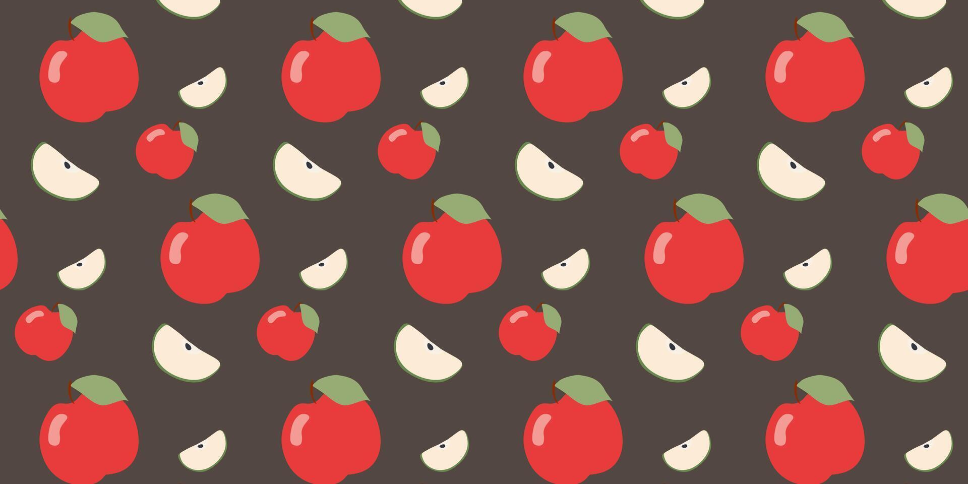 Red Apples and Slices Seamless pattern. Flat Cartoon Illustration. Tasty and Juice fruits isolated on Dark background. Color Summer or Autumn template for Wrapping, Print, Textile, Clothes. vector