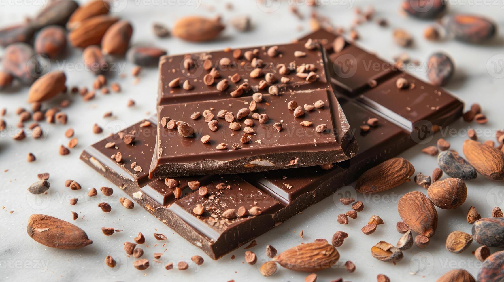 Chocolate bar with cacao beans and almonds scattered around it photo