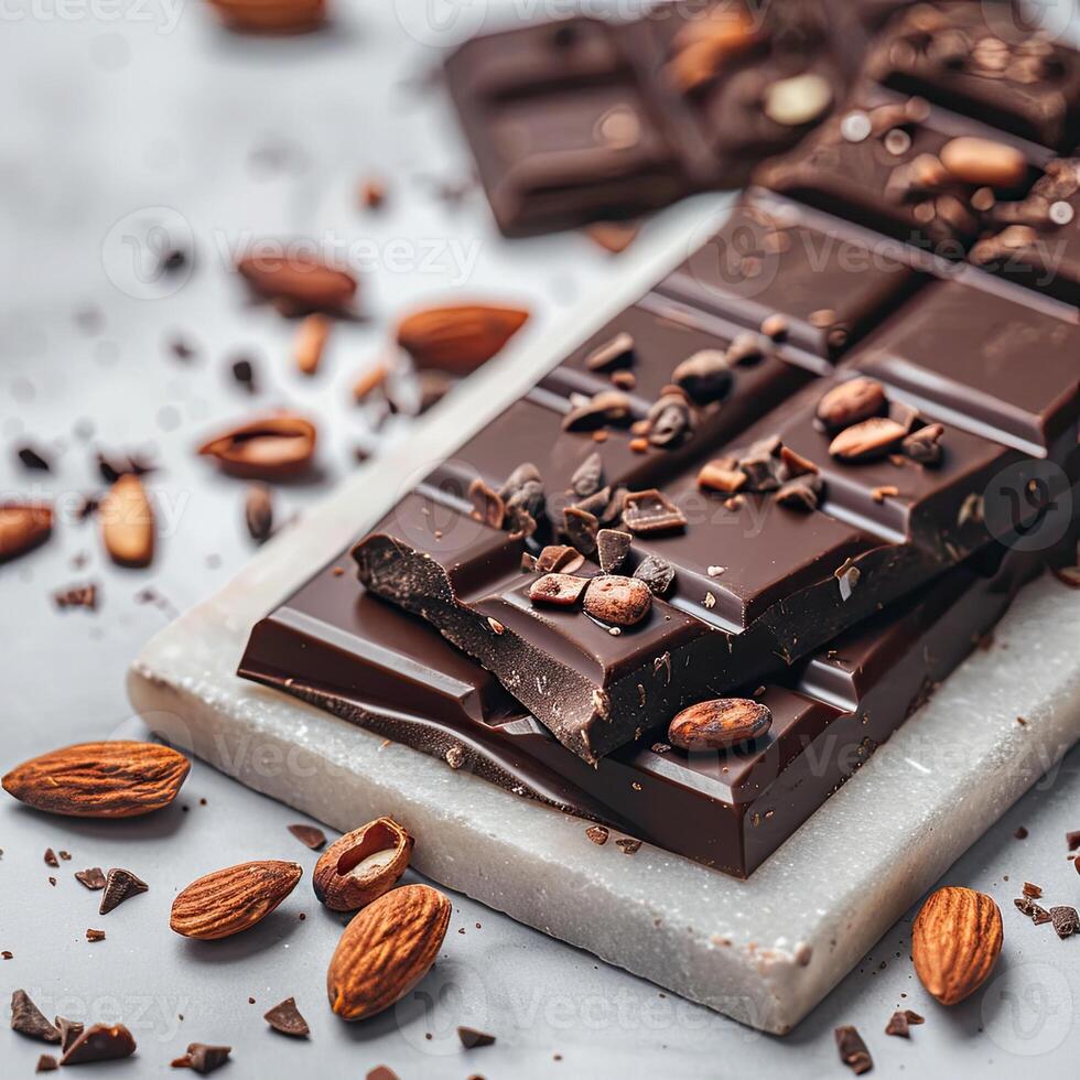 Chocolate bar with cacao beans and almonds scattered around it photo