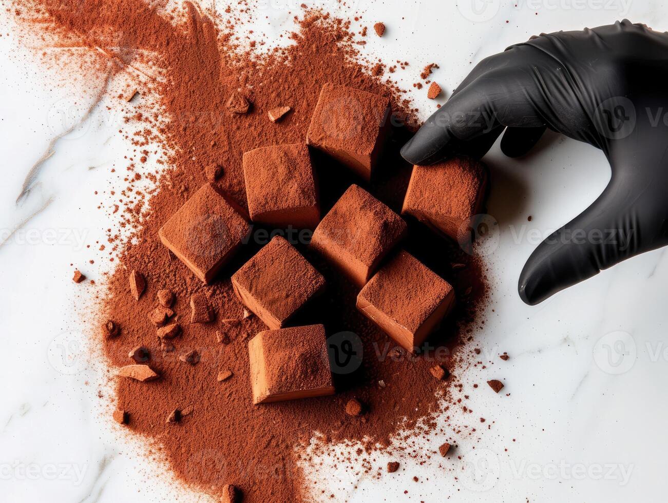 Hand with glove grabbing a small chocolate truffles photo