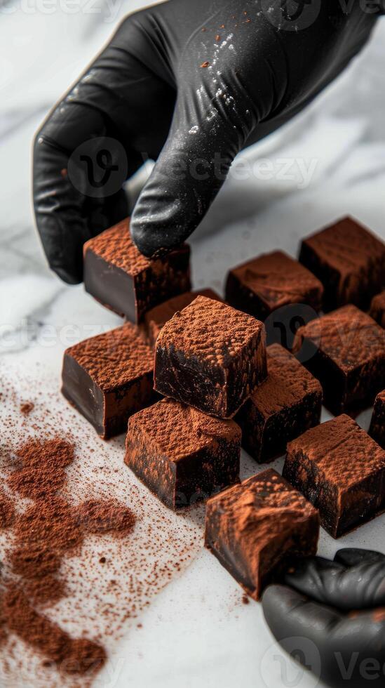 Hand with glove grabbing a small chocolate truffles photo