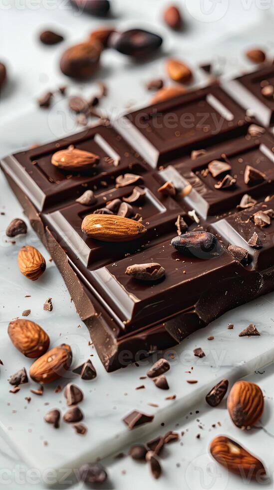 Chocolate bar with cacao beans and almonds scattered around it photo