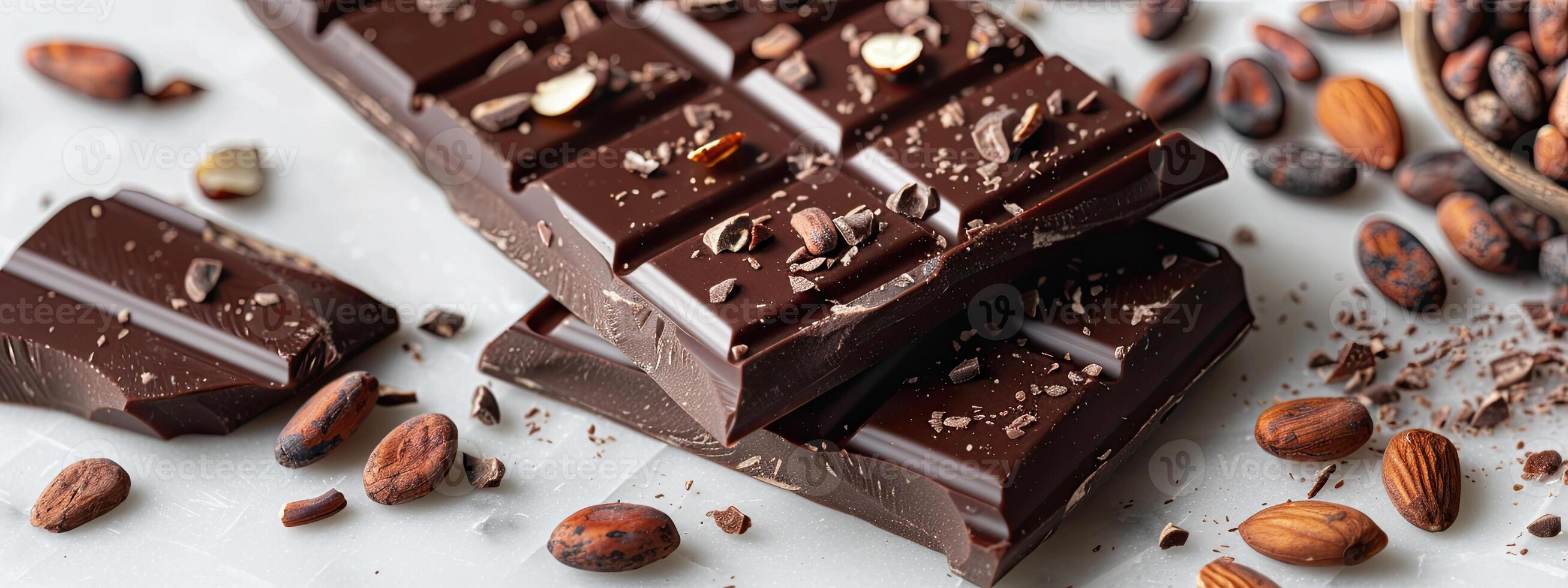 Chocolate bar with cacao beans and almonds scattered around it photo