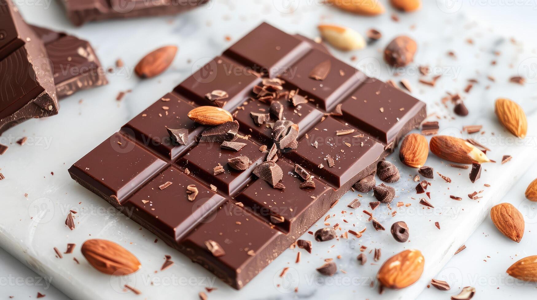 Chocolate bar with cacao beans and almonds scattered around it photo