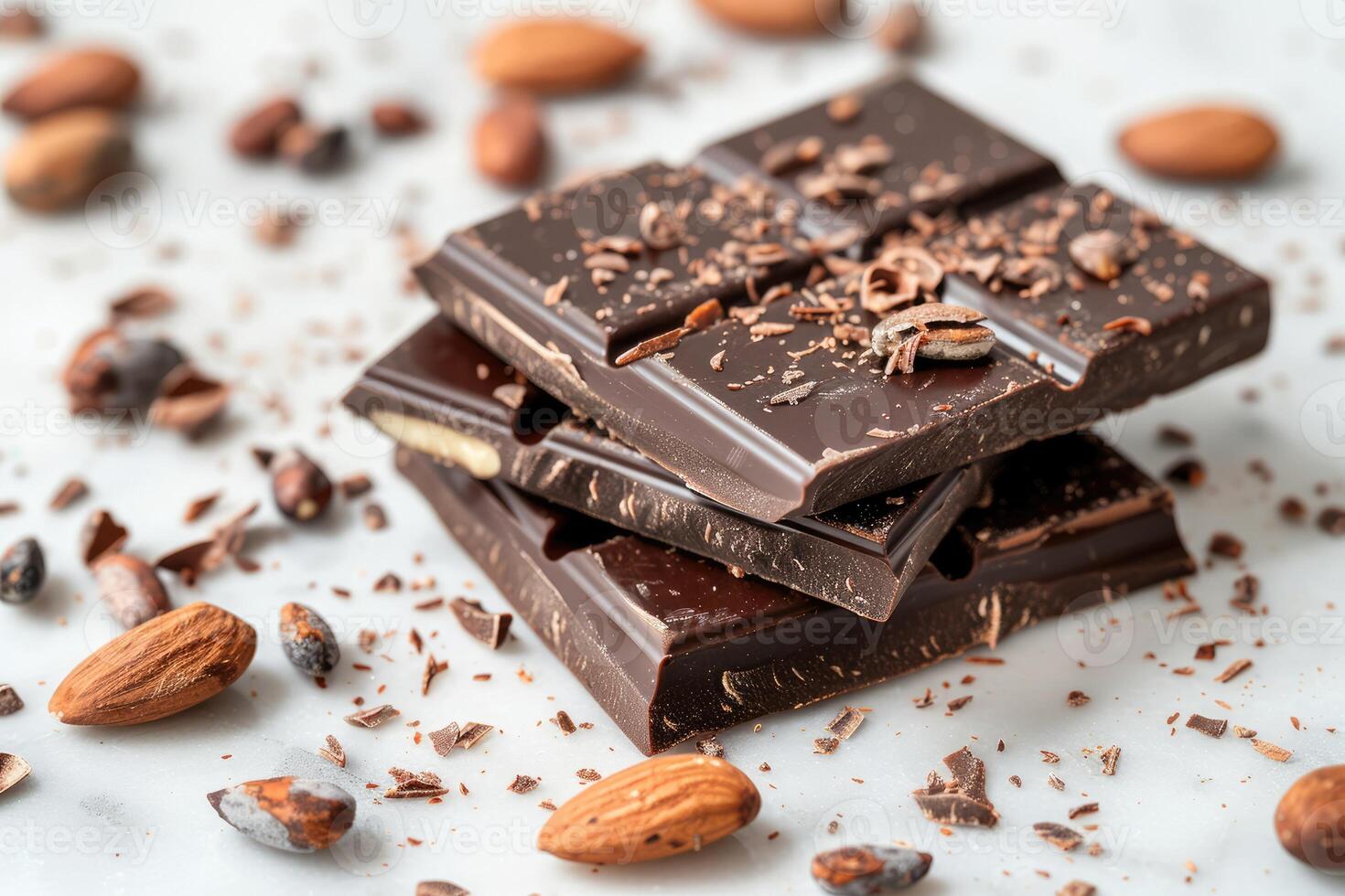 Chocolate bar with cacao beans and almonds scattered around it photo