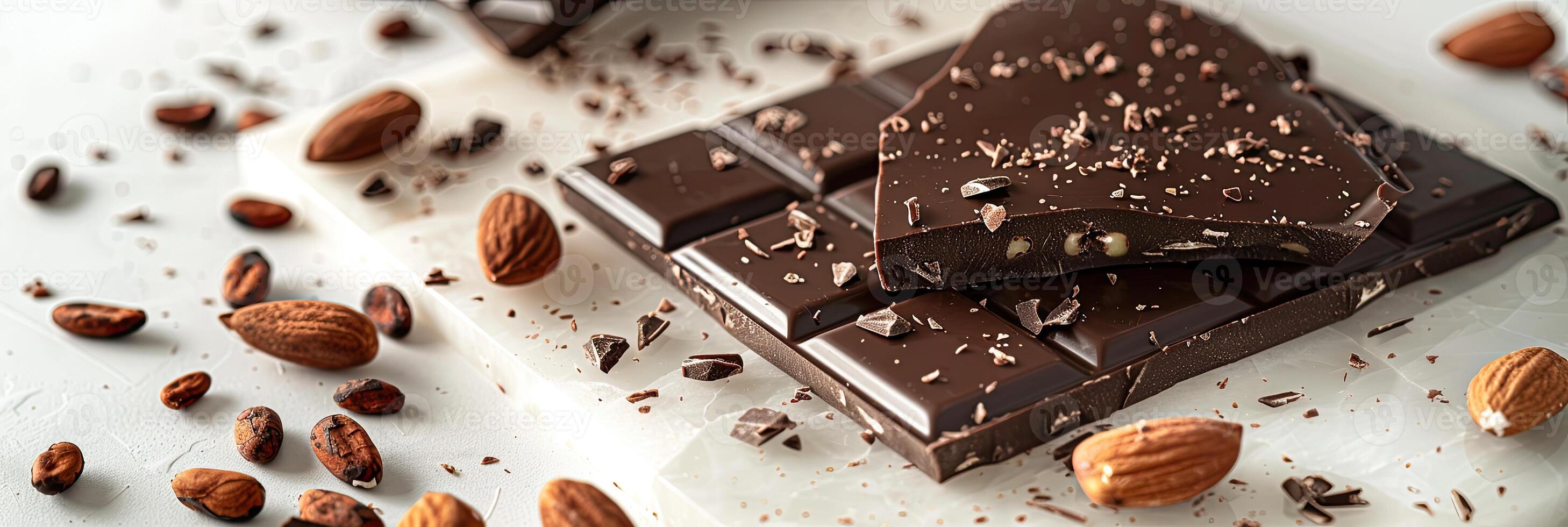 Chocolate bar with cacao beans and almonds scattered around it photo