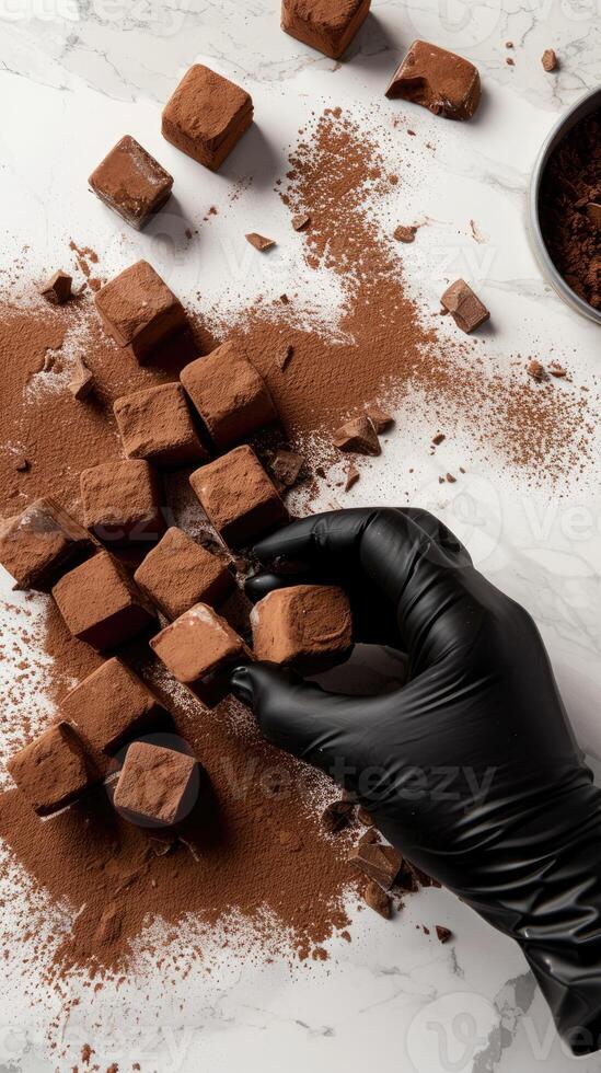 Hand with glove grabbing a small chocolate truffles photo