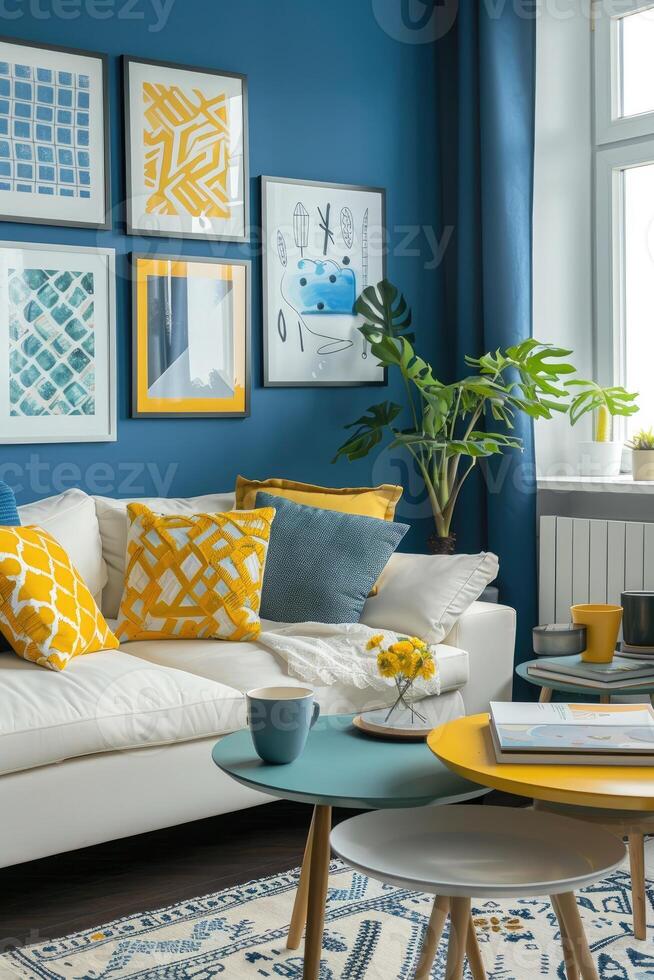 a cozy and stylish living room with modern decor in yellow and blue colors photo