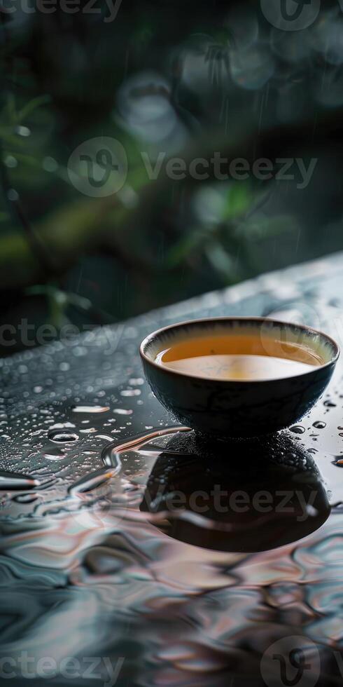Steaming Tea Cup on Moist Surface photo