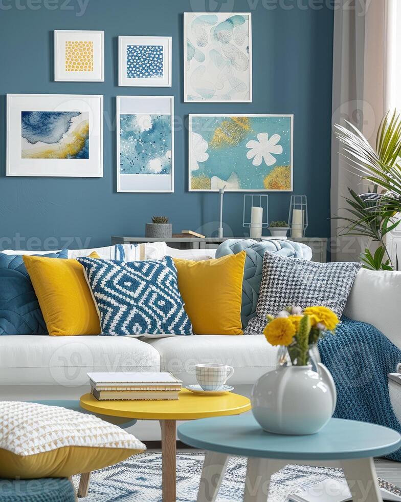 a cozy and stylish living room with modern decor in yellow and blue colors photo