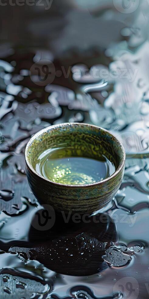 Steaming Tea Cup on Moist Surface photo