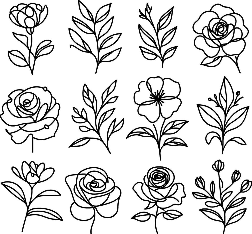 set of hand drawn roses, illustration. Set of black and white roses and leaves. icons of one line art flowers. Continuous mono lines roses, leaves, branches. Blossom logos vector