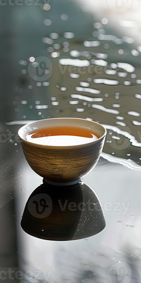 Steaming Tea Cup on Moist Surface photo