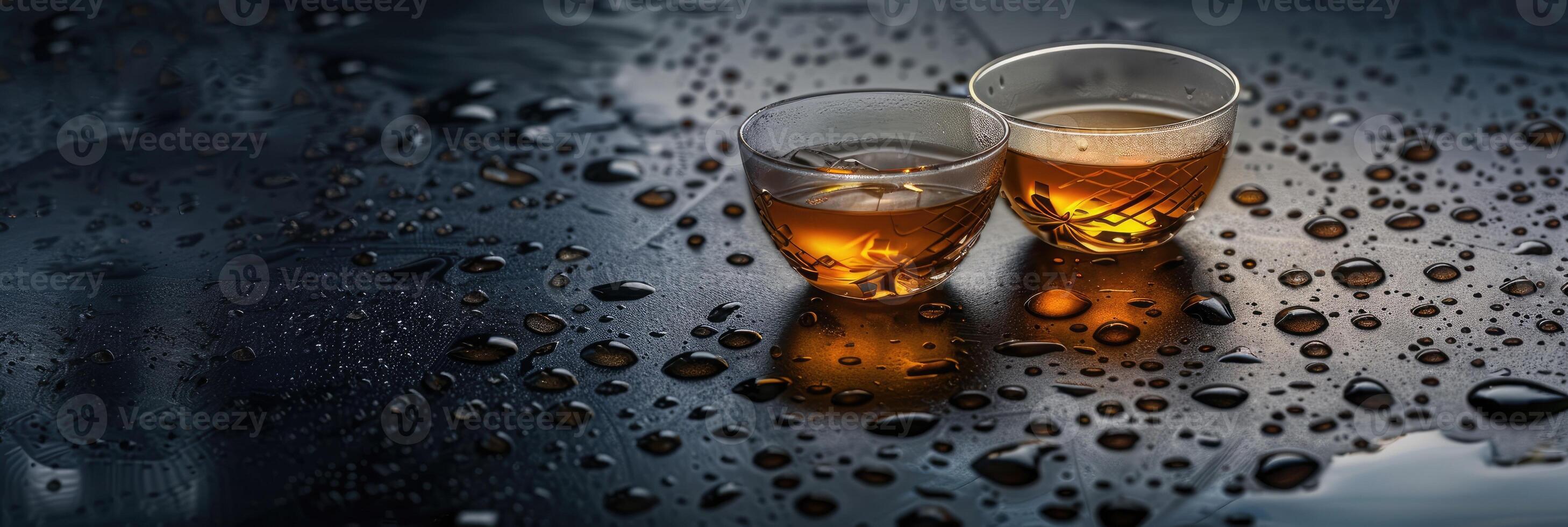 Steaming Tea Cup on Moist Surface photo