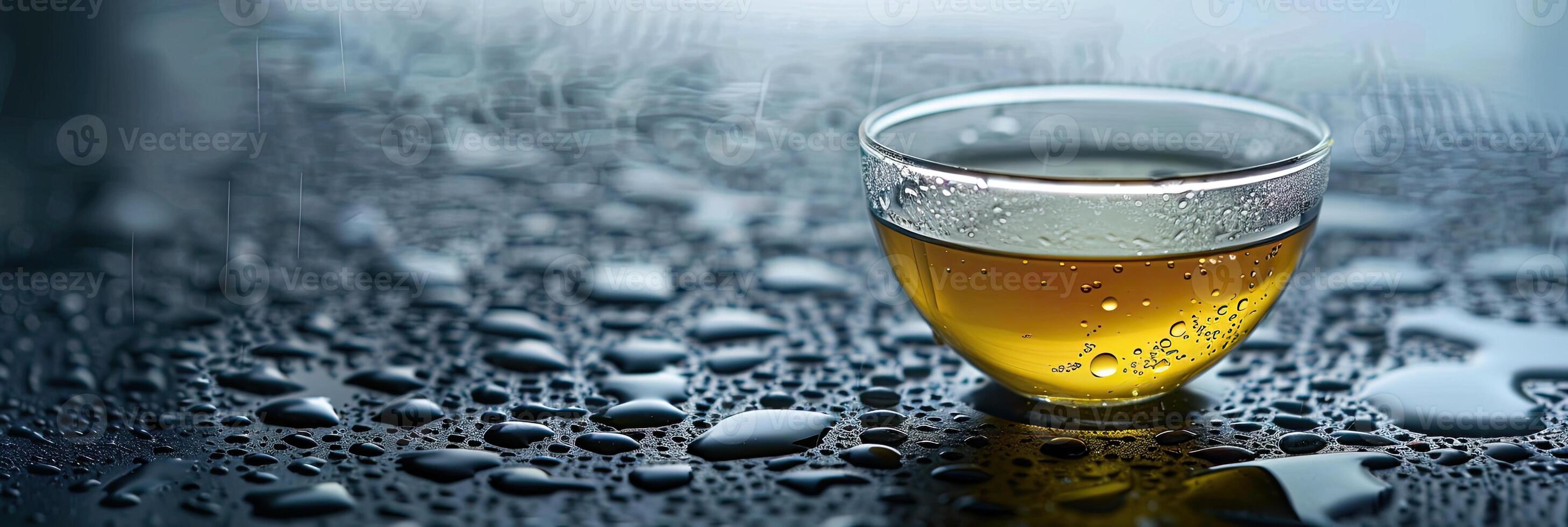 Steaming Tea Cup on Moist Surface photo