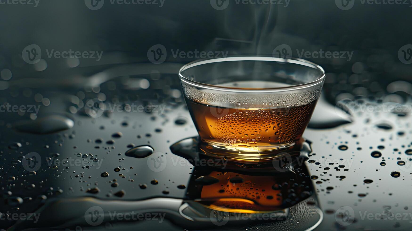 Steaming Tea Cup on Moist Surface photo