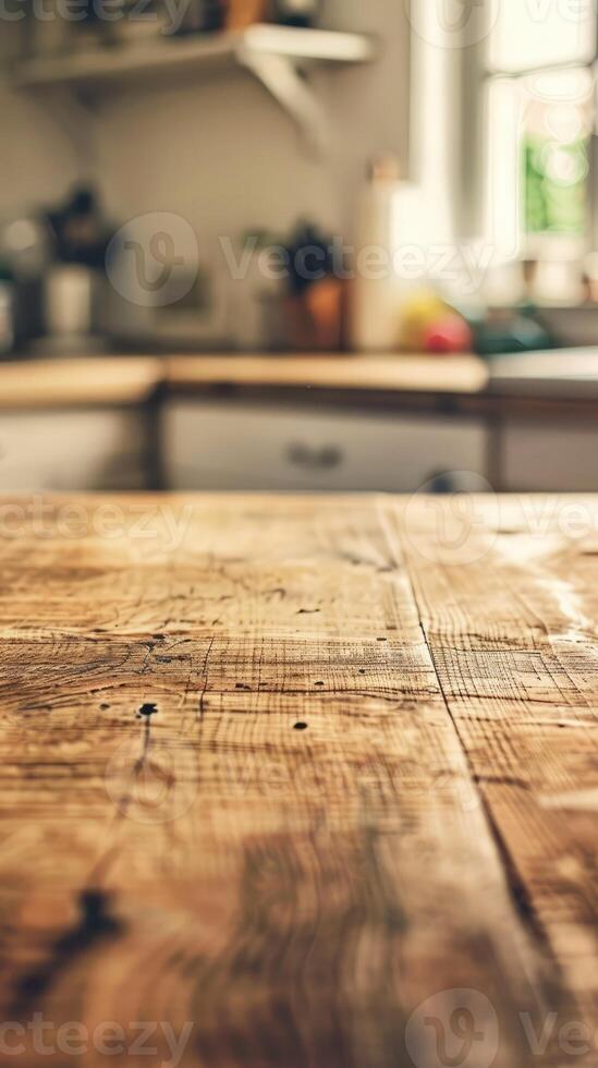 Rustic Wooden Tabletop with Blurred Kitchen Backdrop photo