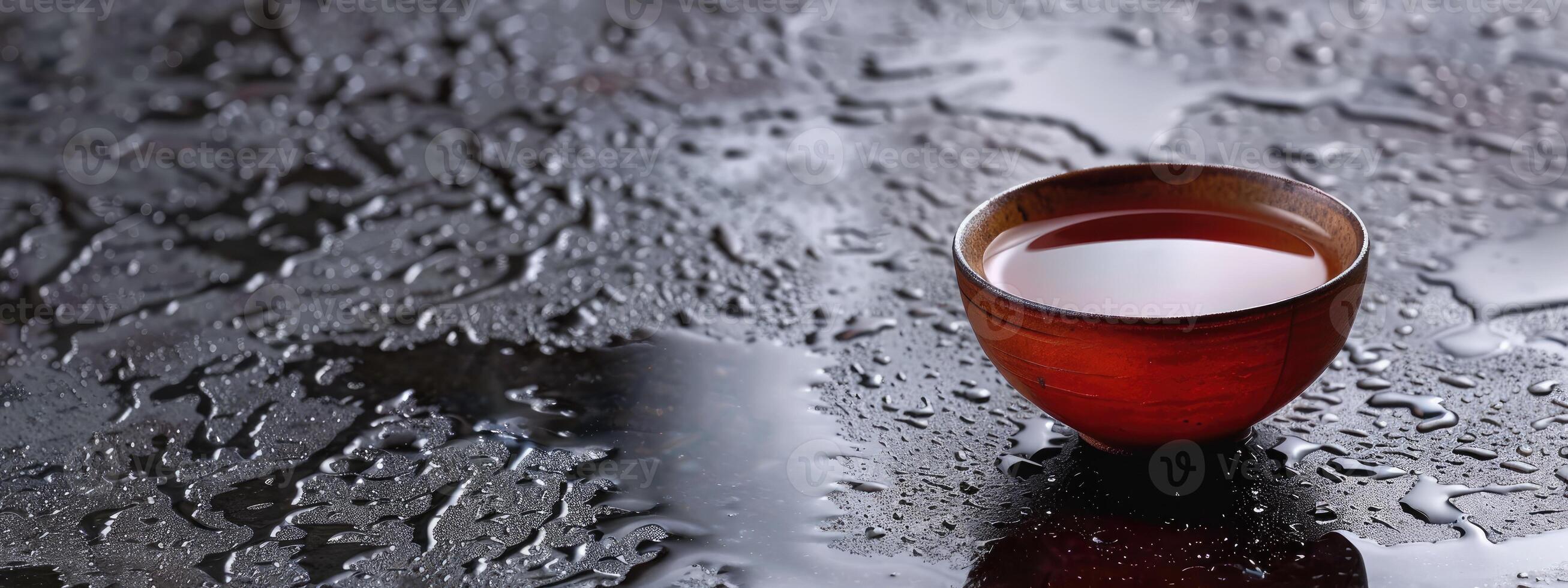 Steaming Tea Cup on Moist Surface photo