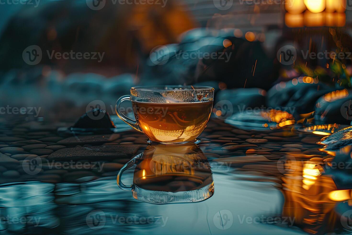 Steaming Tea Cup on Moist Surface photo